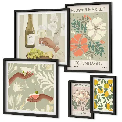 Modernes Wandbilder-Set mit Blumen und Früchten im Vintage-Stil