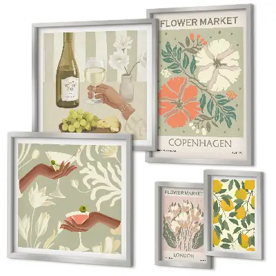 Modernes Wandbilder-Set mit Blumen und Früchten im Vintage-Stil
