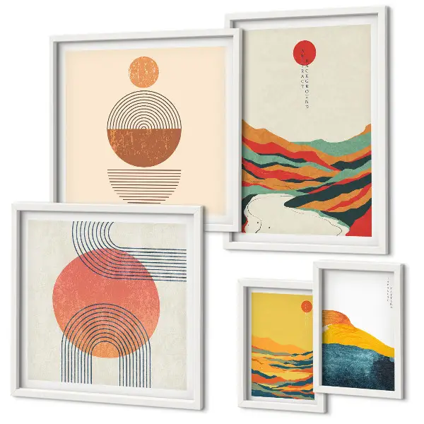 Modernes Wandbilder-Set mit abstrakten geometrischen Landschaften