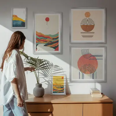 Modernes Wandbilder-Set mit abstrakten geometrischen Landschaften