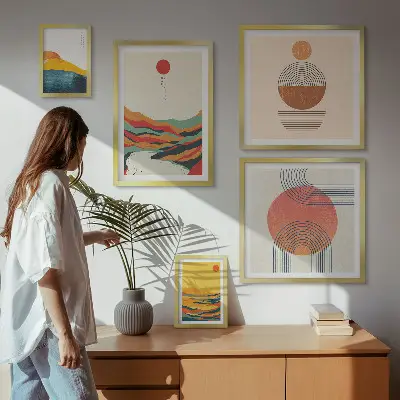 Modernes Wandbilder-Set mit abstrakten geometrischen Landschaften