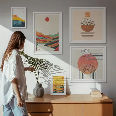 Modernes Wandbilder-Set mit abstrakten geometrischen Landschaften