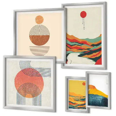 Modernes Wandbilder-Set mit abstrakten geometrischen Landschaften