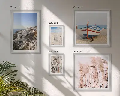 Bildergalerien-Wandset mit Motiven von Landschaften, Stränden und weißen Gebäuden