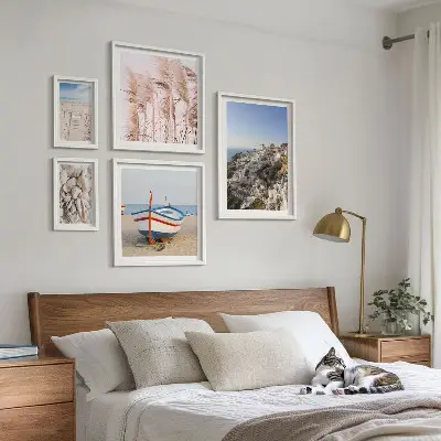 Bildergalerien-Wandset mit Motiven von Landschaften, Stränden und weißen Gebäuden