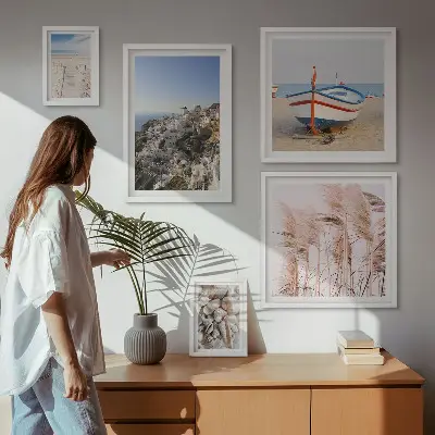 Bildergalerien-Wandset mit Motiven von Landschaften, Stränden und weißen Gebäuden