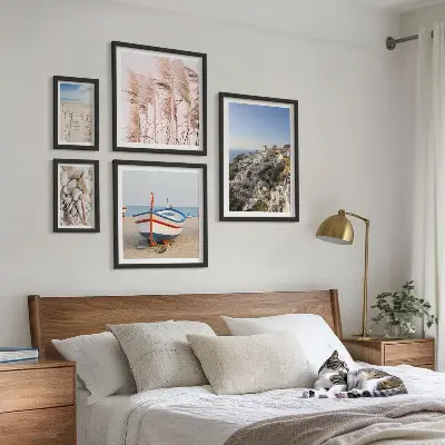 Bildergalerien-Wandset mit Motiven von Landschaften, Stränden und weißen Gebäuden