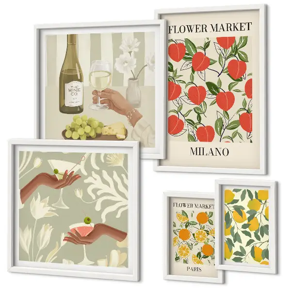 Bildergalerien-Set für die Wand mit Vintage Obst- und Blumenmarkt Motiven