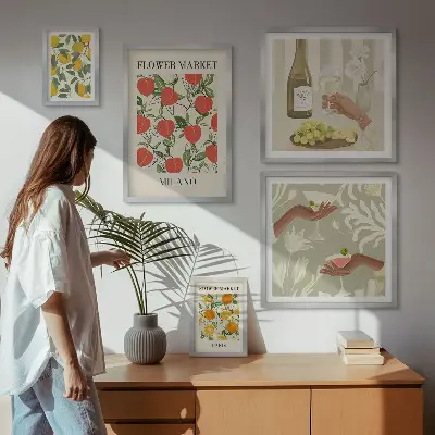 Bildergalerien-Set für die Wand mit Vintage Obst- und Blumenmarkt Motiven