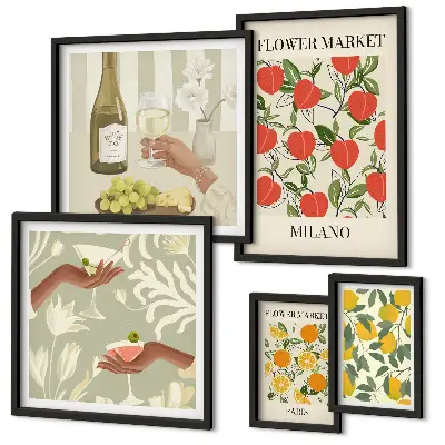 Bildergalerien-Set für die Wand mit Vintage Obst- und Blumenmarkt Motiven