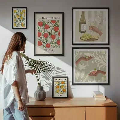 Bildergalerien-Set für die Wand mit Vintage Obst- und Blumenmarkt Motiven