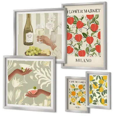 Bildergalerien-Set für die Wand mit Vintage Obst- und Blumenmarkt Motiven