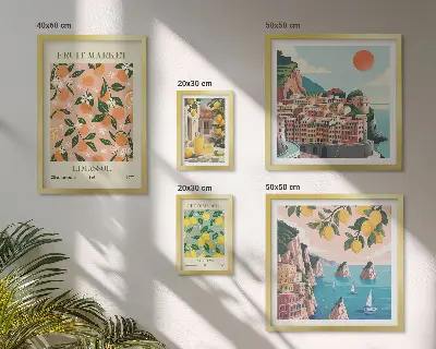 Modernes Wandbilder-Set mit dem Motiv Obstmärkte an der Küste
