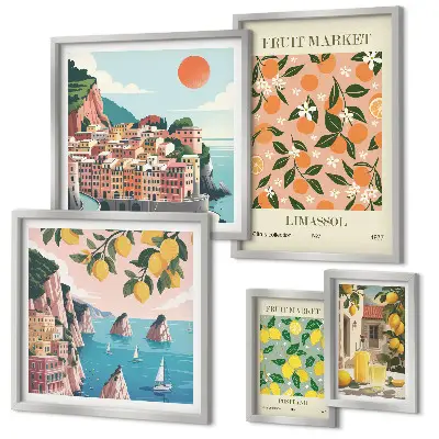 Modernes Wandbilder-Set mit dem Motiv Obstmärkte an der Küste