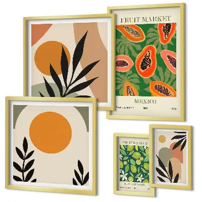 Modernes Wandbilder-Set mit tropischen Früchten im Retro-Stil
