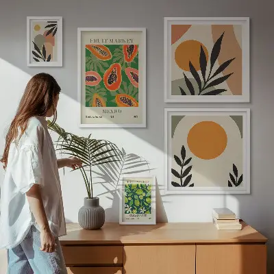 Modernes Wandbilder-Set mit tropischen Früchten im Retro-Stil