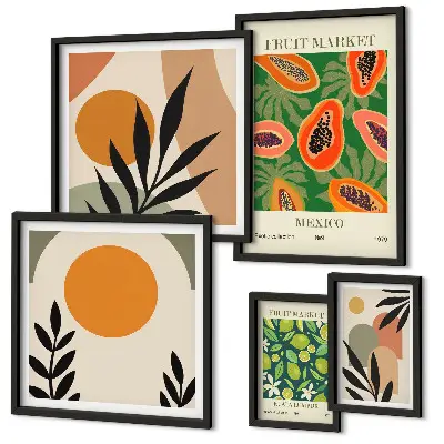 Modernes Wandbilder-Set mit tropischen Früchten im Retro-Stil