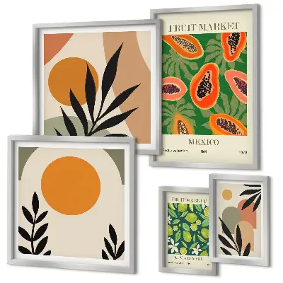 Modernes Wandbilder-Set mit tropischen Früchten im Retro-Stil