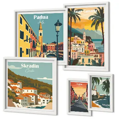 Modernes Wandbilder-Set mit europäischen Stadtlandschaften
