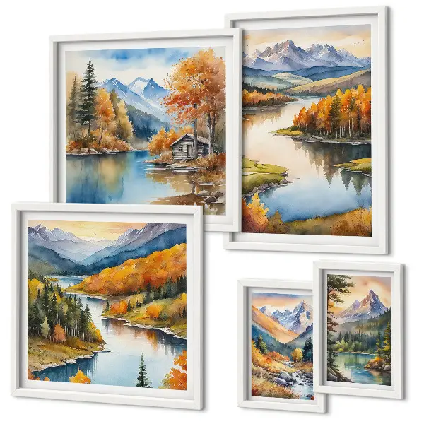 Modernes Wandbilderset mit Gebirgsflüssen und Herbstbäumen