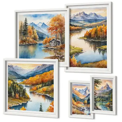 Modernes Wandbilderset mit Gebirgsflüssen und Herbstbäumen