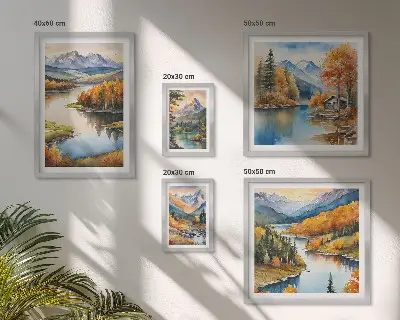 Modernes Wandbilderset mit Gebirgsflüssen und Herbstbäumen