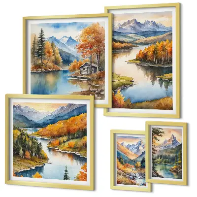 Modernes Wandbilderset mit Gebirgsflüssen und Herbstbäumen