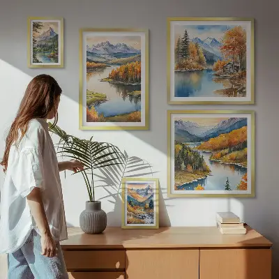 Modernes Wandbilderset mit Gebirgsflüssen und Herbstbäumen