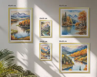 Modernes Wandbilderset mit Gebirgsflüssen und Herbstbäumen