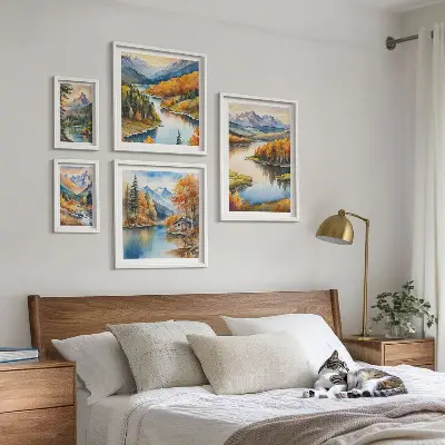Modernes Wandbilderset mit Gebirgsflüssen und Herbstbäumen