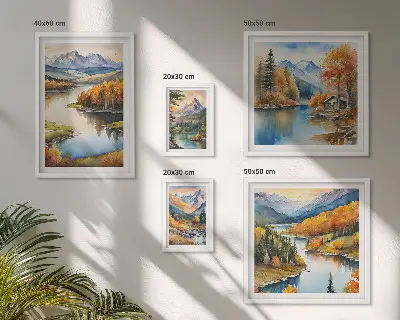Modernes Wandbilderset mit Gebirgsflüssen und Herbstbäumen