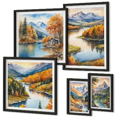Modernes Wandbilderset mit Gebirgsflüssen und Herbstbäumen