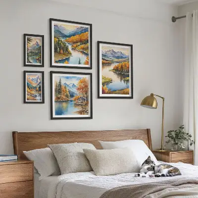 Modernes Wandbilderset mit Gebirgsflüssen und Herbstbäumen