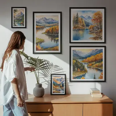 Modernes Wandbilderset mit Gebirgsflüssen und Herbstbäumen