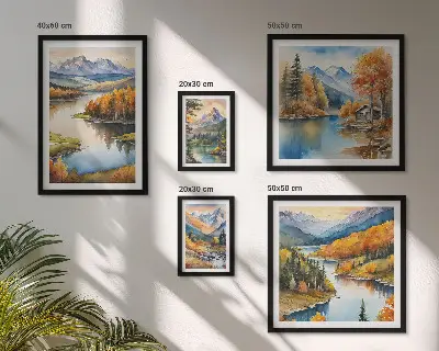Modernes Wandbilderset mit Gebirgsflüssen und Herbstbäumen