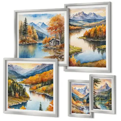 Modernes Wandbilderset mit Gebirgsflüssen und Herbstbäumen