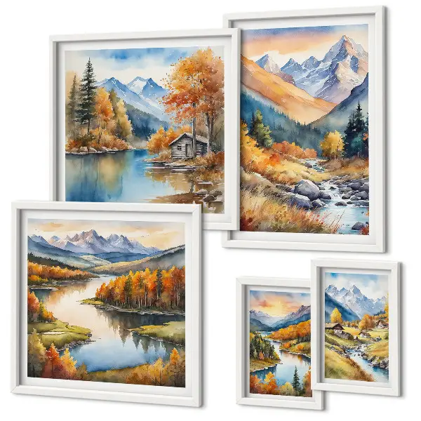 Bildergalerien-Set für die Wand herbstliche Motive mit Bergen, Flüssen und Häusern