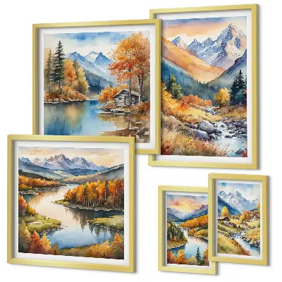 Bildergalerien-Set für die Wand herbstliche Motive mit Bergen, Flüssen und Häusern