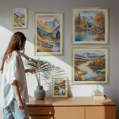 Bildergalerien-Set für die Wand herbstliche Motive mit Bergen, Flüssen und Häusern