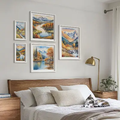 Bildergalerien-Set für die Wand herbstliche Motive mit Bergen, Flüssen und Häusern