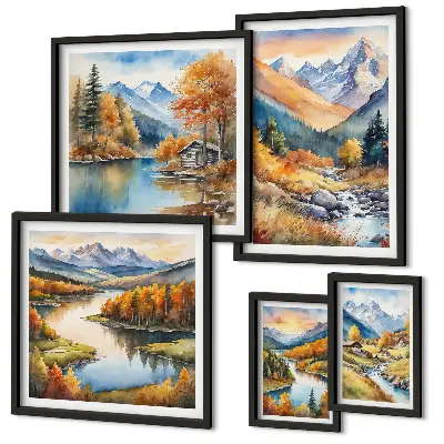 Bildergalerien-Set für die Wand herbstliche Motive mit Bergen, Flüssen und Häusern