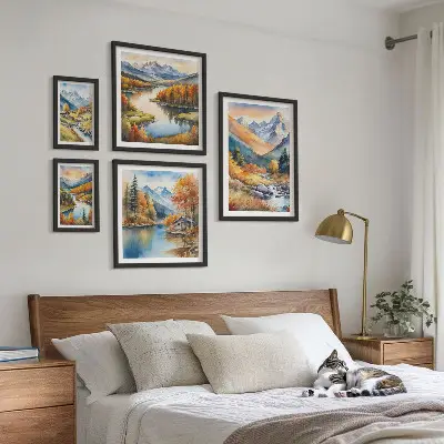 Bildergalerien-Set für die Wand herbstliche Motive mit Bergen, Flüssen und Häusern