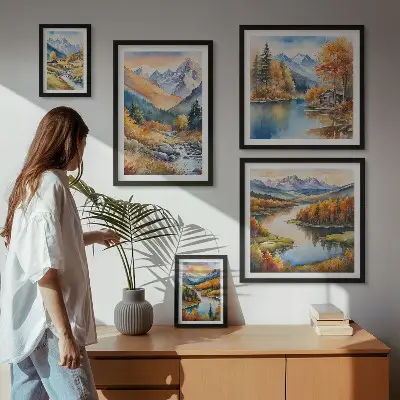 Bildergalerien-Set für die Wand herbstliche Motive mit Bergen, Flüssen und Häusern