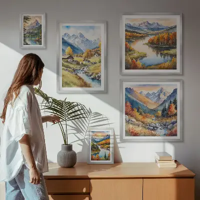 Bilderset fürs Sofa mit Landschaften von Bergen Flüssen und Wäldern