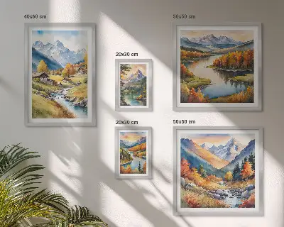 Bilderset fürs Sofa mit Landschaften von Bergen Flüssen und Wäldern