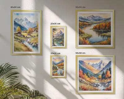 Bilderset fürs Sofa mit Landschaften von Bergen Flüssen und Wäldern