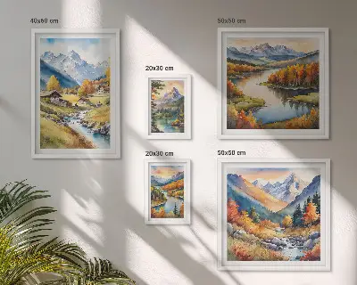 Bilderset fürs Sofa mit Landschaften von Bergen Flüssen und Wäldern