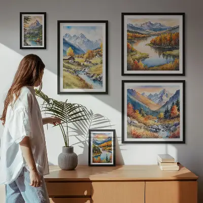 Bilderset fürs Sofa mit Landschaften von Bergen Flüssen und Wäldern