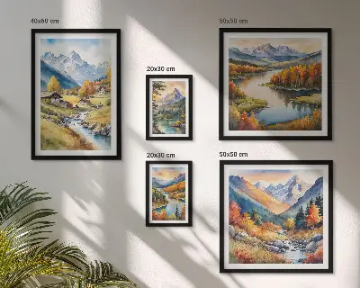 Bilderset fürs Sofa mit Landschaften von Bergen Flüssen und Wäldern