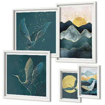 Modernes Wandbilder-Set mit stilvollem Bergpanorama mit Vögeln und Sonne